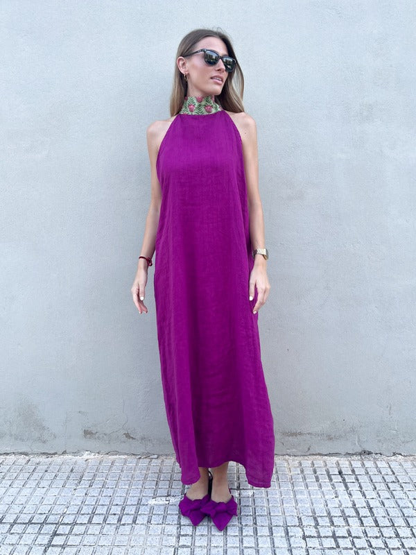 ODALIS - VESTIDO LARGO HALTER LINO LAZADA
